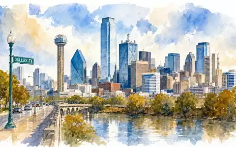 Kimberly-Clark (US4943681035) Aquarellbild zeigt Skyline von Dallas Texas mit Fluss, Brücke und herbstlichen Bäumen - Foto: THN