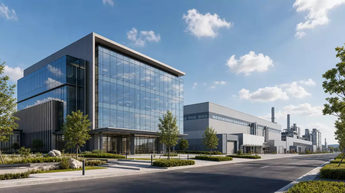 3D-Architekturvisualisierung eines Bürogebäudes neben einer Industrieanlage bei Tageslicht