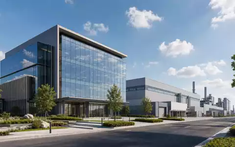 Kimberly-Clark (US4943681035) Architektur-Render zeigt modernen Bürokomplex neben industrieller Fertigungsanlage mit Glasfassade und Grünflächen - Foto: THN