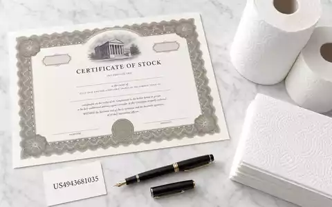 Kimberly-Clark (US4943681035) Flatlay zeigt Aktienzertifikat, ISIN-Karte, Papierrollen und Füllfederhalter auf weißem Marmortisch - Foto: THN