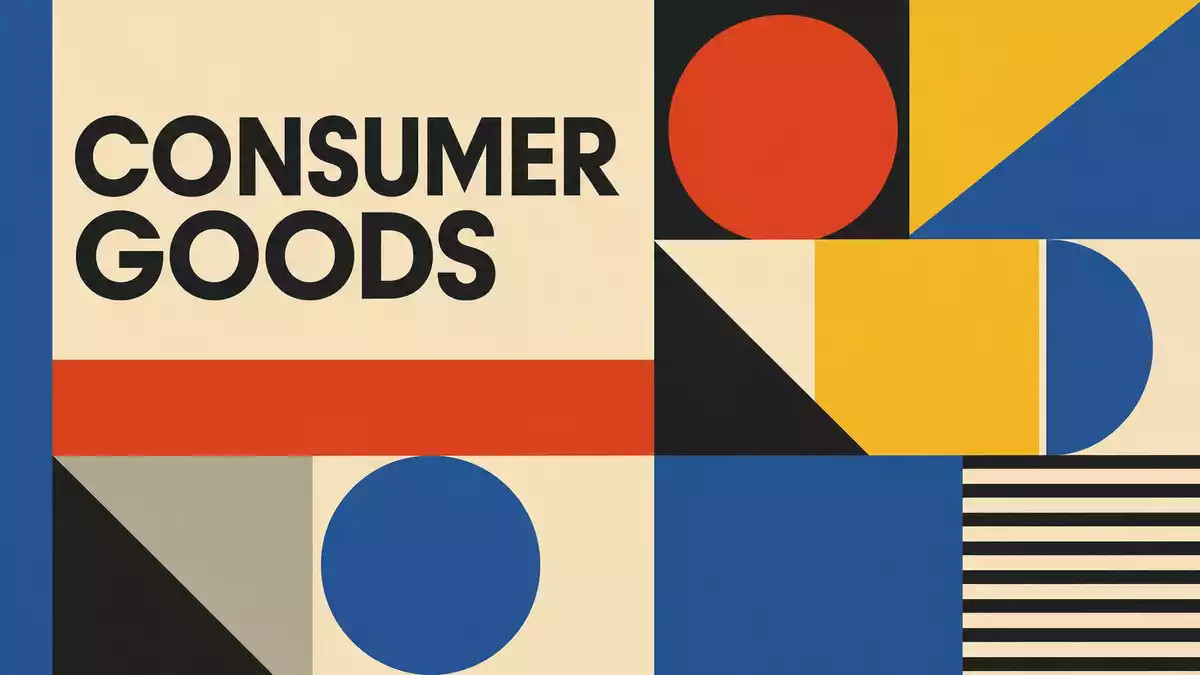 Geometrisches Bauhaus-Poster mit Kreisen, Dreiecken und Text CONSUMER GOODS