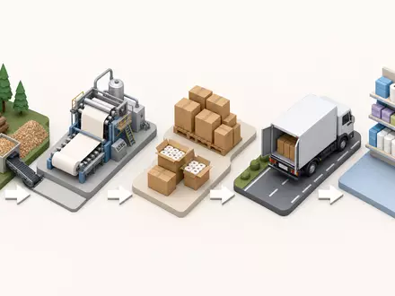 Kimberly-Clark (US4943681035) isometrische 3D-Grafik zeigt Wertschöpfungskette von Rohholz über Fertigung bis zum Verkaufsregal - Foto: THN