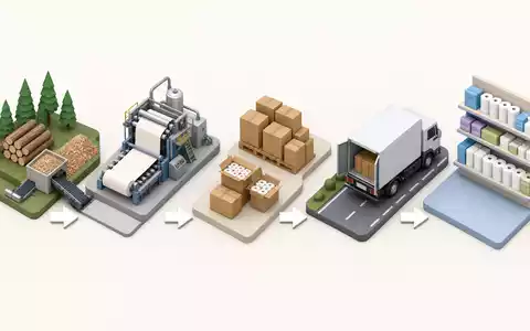Kimberly-Clark (US4943681035) isometrische 3D-Grafik zeigt Wertschöpfungskette von Rohholz über Fertigung bis zum Verkaufsregal - Foto: THN
