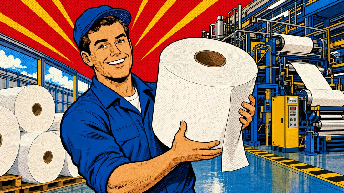 Pop-Art-Comic eines lächelnden Fabrikarbeiters, der eine große Papierrolle präsentiert