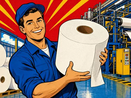 Kimberly-Clark (US4943681035) Pop-Art-Comic zeigt fröhlichen Fabrikarbeiter mit riesiger Papierrolle vor bunter Fertigungsanlage - Foto: THN