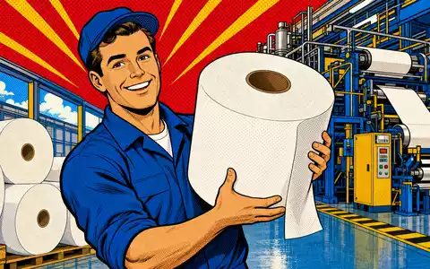 Kimberly-Clark (US4943681035) Pop-Art-Comic zeigt fröhlichen Fabrikarbeiter mit riesiger Papierrolle vor bunter Fertigungsanlage - Foto: THN