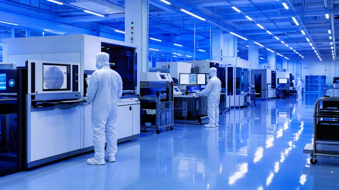 Techniker in Schutzanzügen arbeiten an Halbleiter-Prüfmaschinen in blau beleuchtetem Reinraum