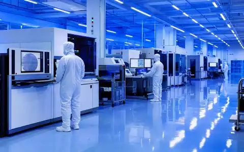 Fotorealistische Reinraumfertigung zeigt KLA Corporation ISIN US4824801009 mit Technikern an Halbleiter-Inspektionsmaschinen im Blaulicht - Foto: THN