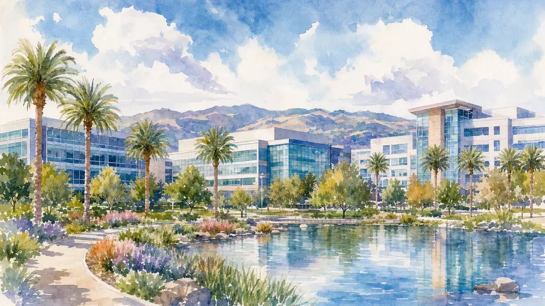 Aquarellbild eines Technologie-Campus mit Palmen, See und Bergen im Hintergrund