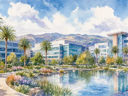 Aquarellmalerei zeigt Firmensitz-Landschaft von KLA Corporation ISIN US4824801009 mit Bürogebäuden, Palmen und Bergpanorama - Foto: THN
