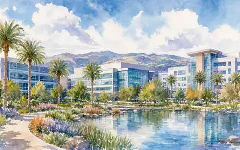 Aquarellmalerei zeigt Firmensitz-Landschaft von KLA Corporation ISIN US4824801009 mit Bürogebäuden, Palmen und Bergpanorama - Foto: THN