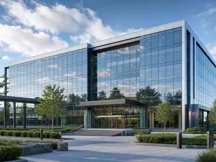 Architektur-Render präsentiert modernen Glas-Firmensitz von KLA Corporation ISIN US4824801009 mit minimalistischer Fassade und Grünanlage - Foto: THN