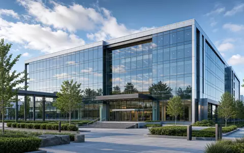 Architektur-Render präsentiert modernen Glas-Firmensitz von KLA Corporation ISIN US4824801009 mit minimalistischer Fassade und Grünanlage - Foto: THN