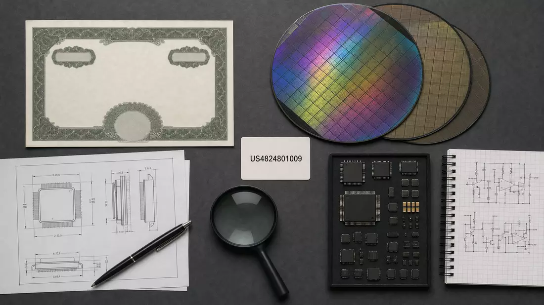Draufsicht auf Aktienzertifikat, ISIN-Karte, Siliziumwafer und Mikrochips auf dunklem Tisch