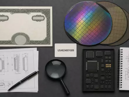 Flatlay-Arrangement illustriert KLA Corporation ISIN US4824801009 mit Aktienzertifikat, ISIN-Karte, Wafern und Chip-Bauteilen - Foto: THN