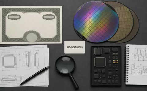 Flatlay-Arrangement illustriert KLA Corporation ISIN US4824801009 mit Aktienzertifikat, ISIN-Karte, Wafern und Chip-Bauteilen - Foto: THN