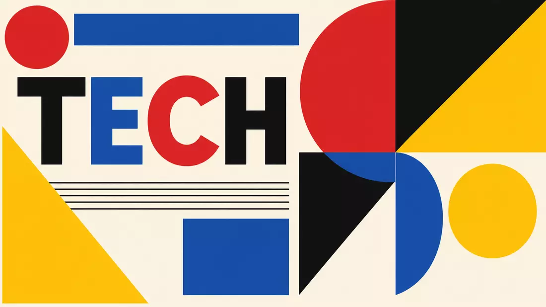 Geometrisches Bauhaus-Poster mit Kreisen, Dreiecken und dem Wort TECH in Primärfarben