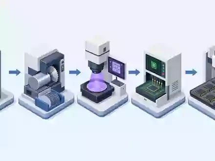 Isometrische 3D-Grafik veranschaulicht Wertschöpfungskette von KLA Corporation ISIN US4824801009 von Silizium bis Chip-Verpackung - Foto: THN