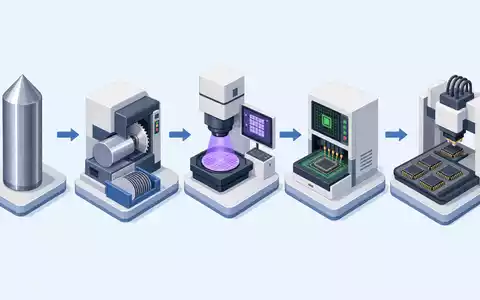 Isometrische 3D-Grafik veranschaulicht Wertschöpfungskette von KLA Corporation ISIN US4824801009 von Silizium bis Chip-Verpackung - Foto: THN