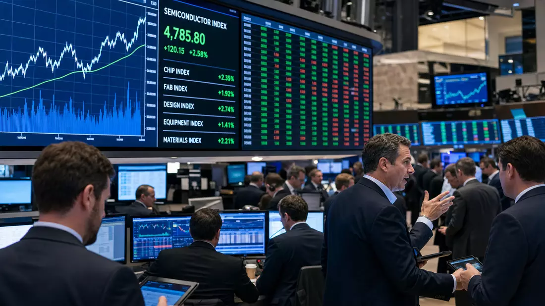 Trader vor großen Bildschirmen mit Halbleiter-Indexcharts auf Börsenparkett