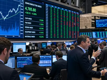 Börsen-Editorialfoto zeigt Handelsraum mit Sektor-Charts, thematisch passend zu KLA Corporation ISIN US4824801009 an der NASDAQ - Foto: THN