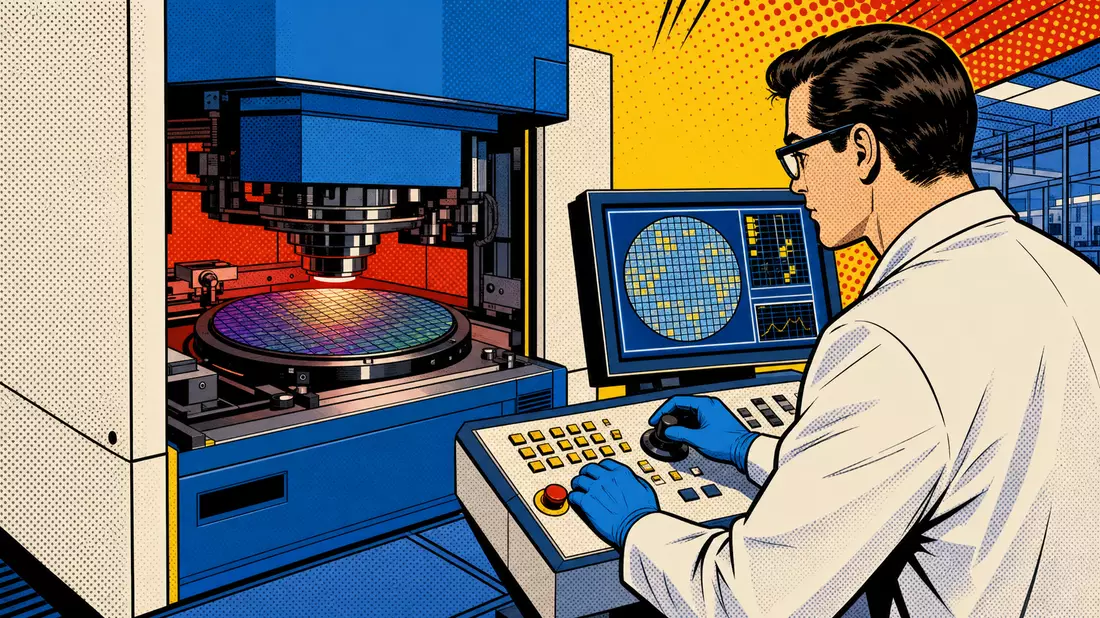 Comicstil-Illustration eines Technikers an einer Wafer-Prüfmaschine mit Halbtonraster und Neonfarben