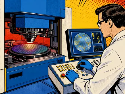 Pop-Art-Comicszene illustriert KLA Corporation ISIN US4824801009 mit einem Wissenschaftler an einer bunten Halbleiter-Prüfanlage im Retro-Stil - Foto: THN