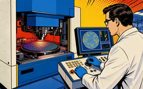 Pop-Art-Comicszene illustriert KLA Corporation ISIN US4824801009 mit einem Wissenschaftler an einer bunten Halbleiter-Prüfanlage im Retro-Stil - Foto: THN