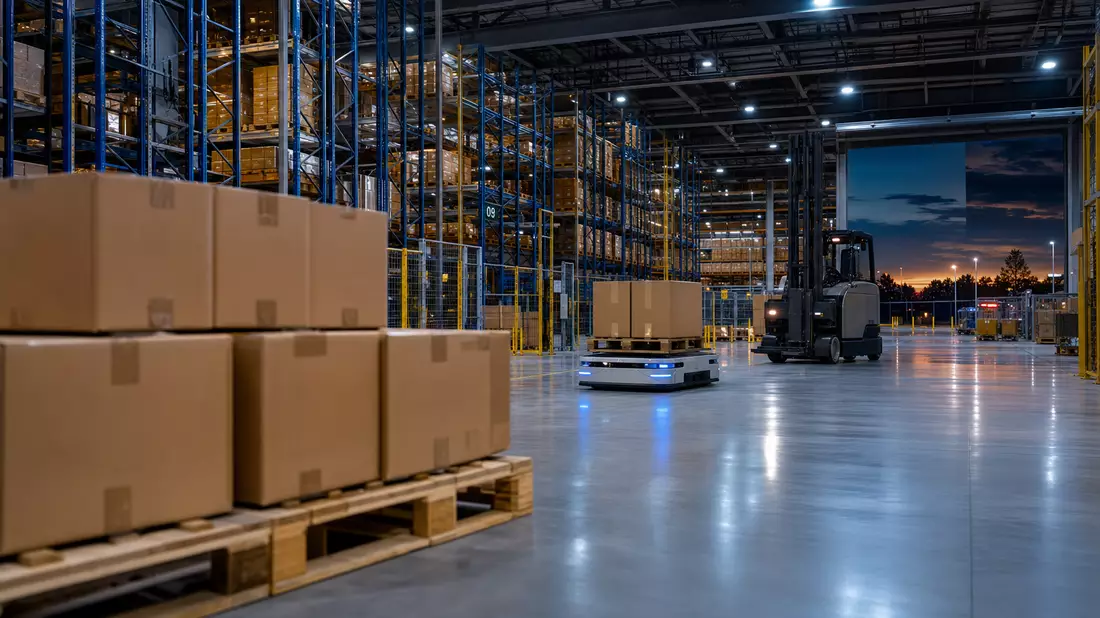 Automatisiertes Logistiklager mit Gabelstapler und Regalen in der Dämmerung