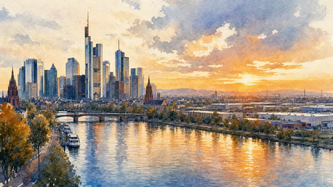 Aquarellmalerei der Frankfurter Skyline mit Fluss bei Sonnenuntergang