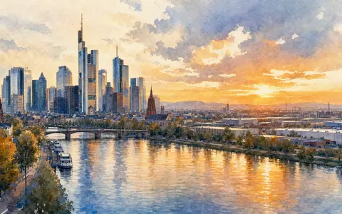 KION Group (DE000KGX8881) präsentiert die Frankfurter Skyline als stimmungsvolles Aquarellgemälde bei goldenem Abendlicht - Foto: THN