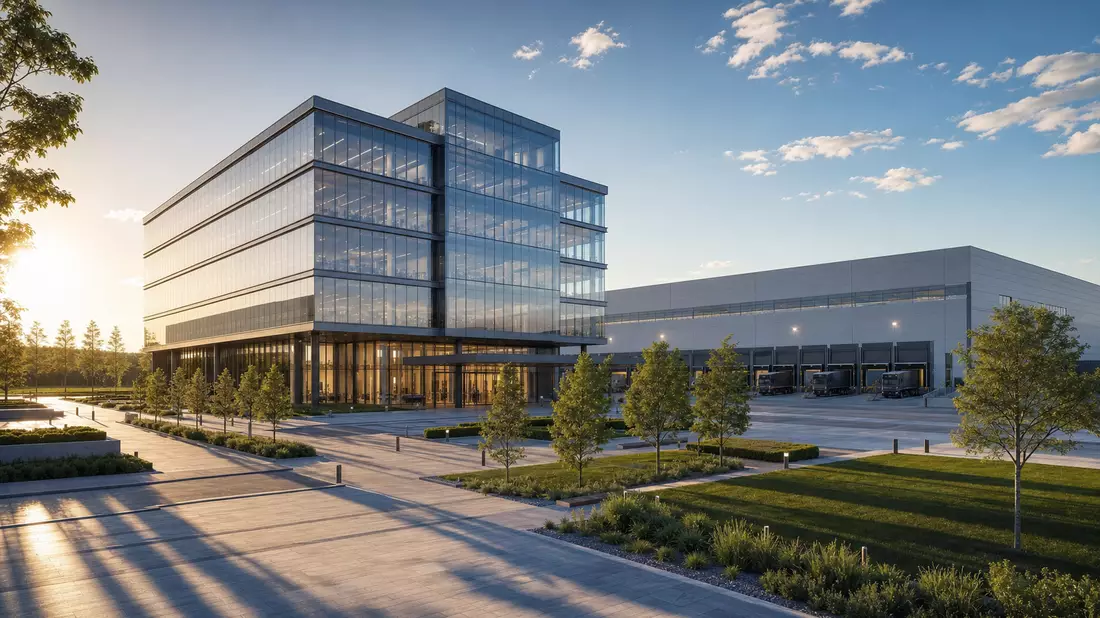 Architekturrender eines Bürogebäudes mit angrenzender moderner Logistikhalle bei Sonnenuntergang