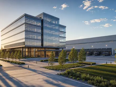 KION Group (DE000KGX8881) visualisiert als Architektur-Render einen modernen Firmensitz neben einer großen Logistikhalle - Foto: THN