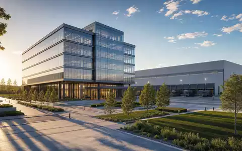 KION Group (DE000KGX8881) visualisiert als Architektur-Render einen modernen Firmensitz neben einer großen Logistikhalle - Foto: THN