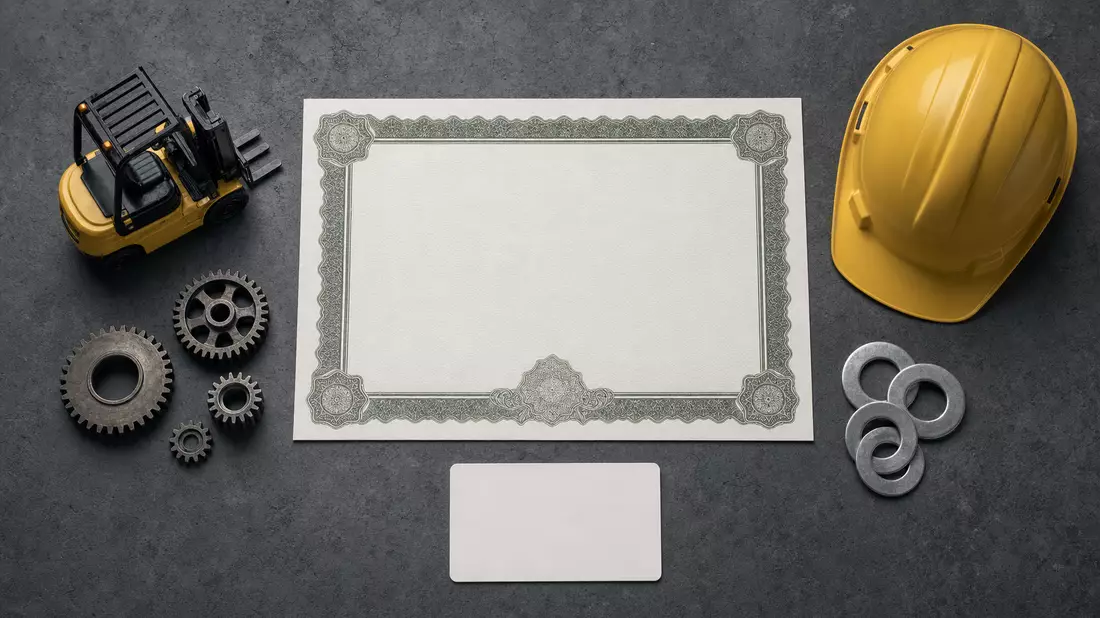 Flatlay mit Aktienzertifikat, Karte, Zahnrädern, Helm und Spielzeug-Gabelstapler