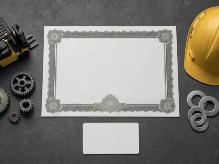 KION Group (DE000KGX8881) inszeniert als Flatlay ein Aktienzertifikat, eine ISIN-Karte und typische Werkzeuge des Maschinenbaus - Foto: THN