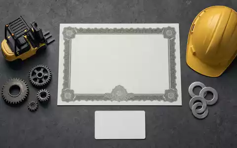 KION Group (DE000KGX8881) inszeniert als Flatlay ein Aktienzertifikat, eine ISIN-Karte und typische Werkzeuge des Maschinenbaus - Foto: THN