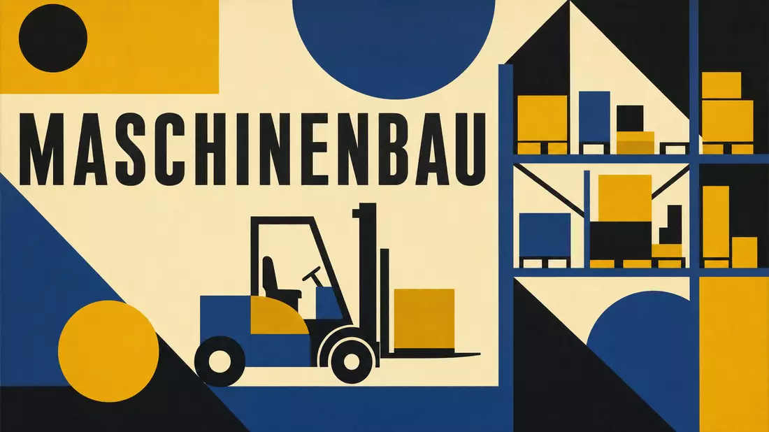 Bauhaus-Poster mit geometrischem Gabelstapler-Motiv und Schriftzug Maschinenbau