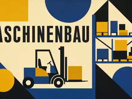 KION Group (DE000KGX8881) erscheint als geometrisches Bauhaus-Poster mit stilisiertem Gabelstapler und dem Wort Maschinenbau - Foto: THN