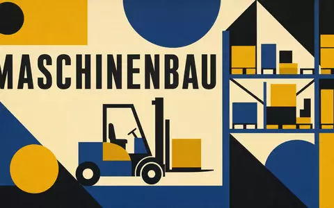 KION Group (DE000KGX8881) erscheint als geometrisches Bauhaus-Poster mit stilisiertem Gabelstapler und dem Wort Maschinenbau - Foto: THN