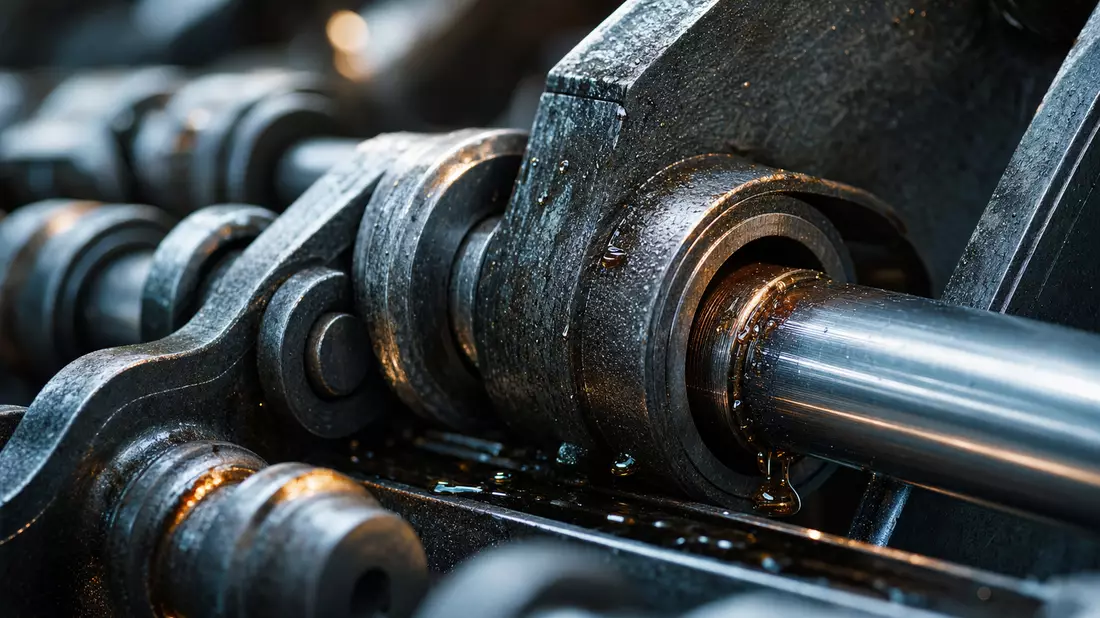 Makroaufnahme von Stahlketten und Hydraulikzylinder mit Öltropfen