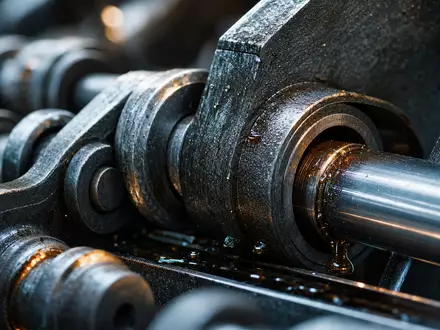 KION Group (DE000KGX8881) zoomt makrofotografisch auf Stahlketten und Hydraulikzylinder eines typischen Maschinenbau-Bauteils - Foto: THN