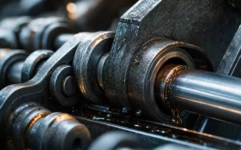 KION Group (DE000KGX8881) zoomt makrofotografisch auf Stahlketten und Hydraulikzylinder eines typischen Maschinenbau-Bauteils - Foto: THN