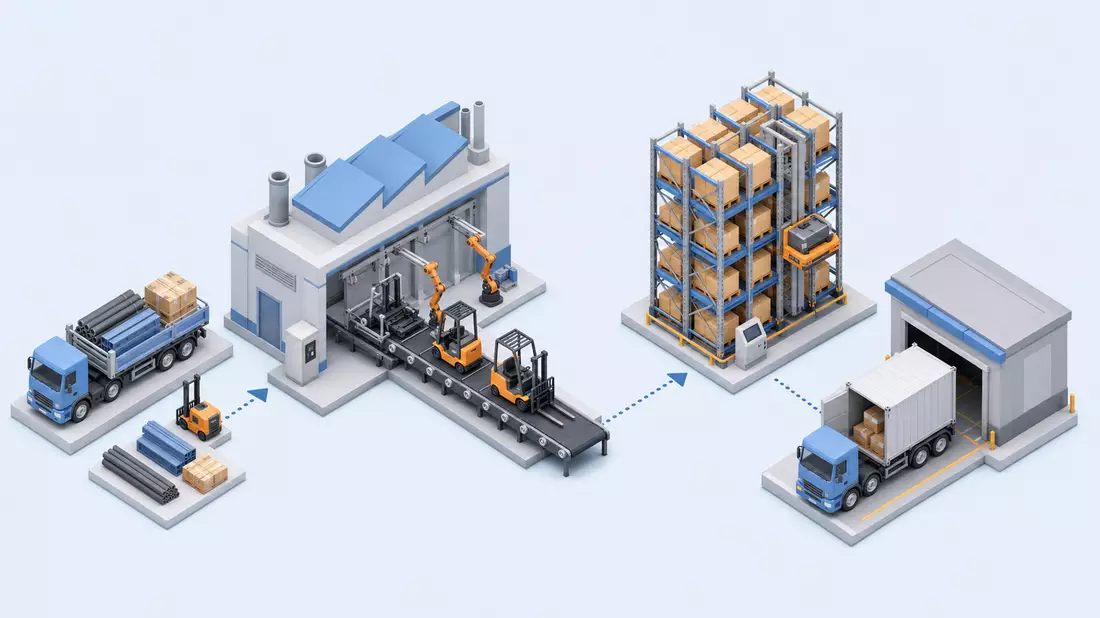 Isometrische 3D-Grafik einer Lieferkette von Fabrik, Lager und Lkw-Verladung
