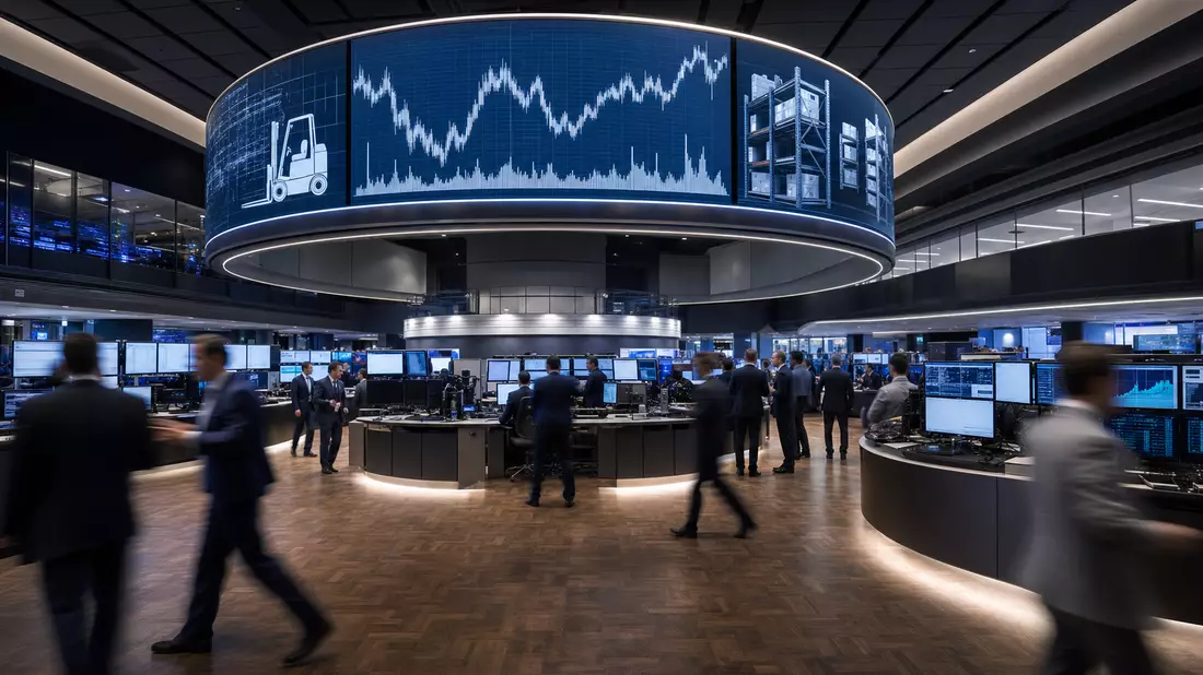 Börsenparkett Frankfurt mit Kurscharts und Symbolen für Gabelstapler und Lagerregale