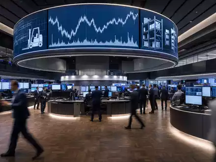 KION Group (DE000KGX8881) zeigt editorial den Frankfurter Börsenparkett mit Charts und Maschinenbau-Symbolen auf Bildschirmen - Foto: THN
