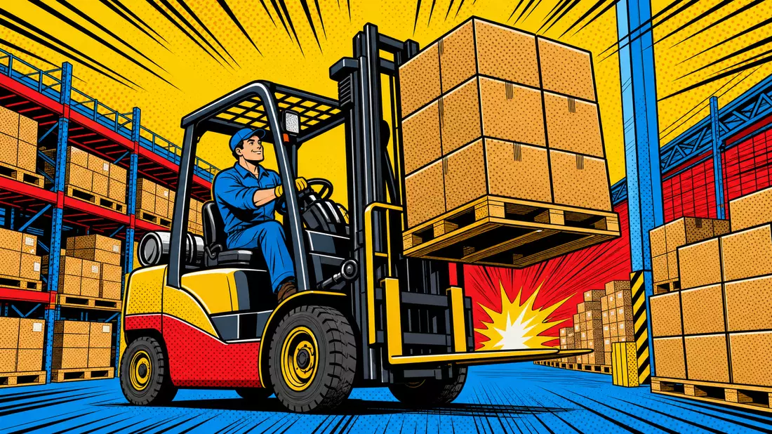 Pop-Art-Comicillustration eines Gabelstaplers beim Anheben einer Palette im Lager