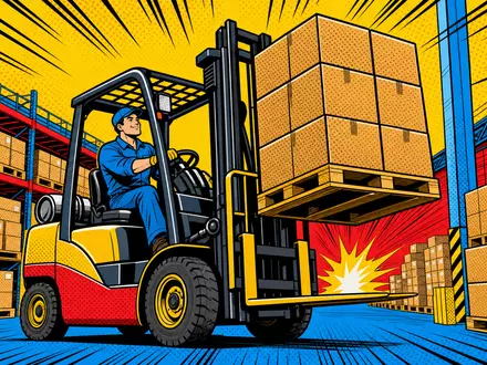 KION Group (DE000KGX8881) wird als farbenfrohe Pop-Art-Comicszene mit einem Gabelstapler im Lager dargestellt - Foto: THN