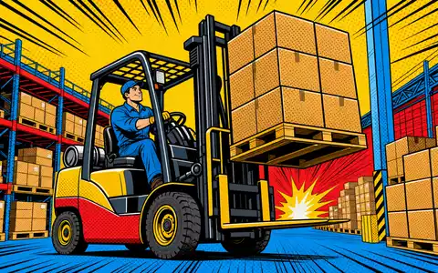 KION Group (DE000KGX8881) wird als farbenfrohe Pop-Art-Comicszene mit einem Gabelstapler im Lager dargestellt - Foto: THN