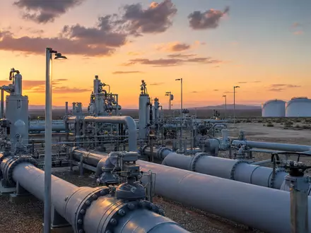 Fotorealistische Pipeline-Anlage bei Sonnenuntergang symbolisiert Kinder Morgan, Aktie mit ISIN US49456B1017, moderne Energieinfrastruktur Nordamerikas - Foto: THN